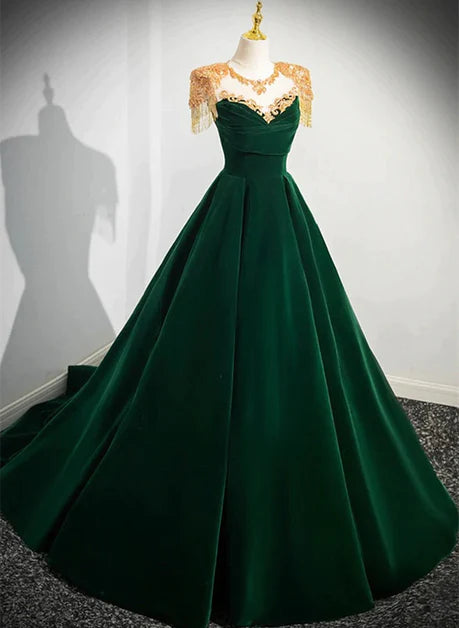 Vestido de fiesta largo de terciopelo verde oscuro con corte en A